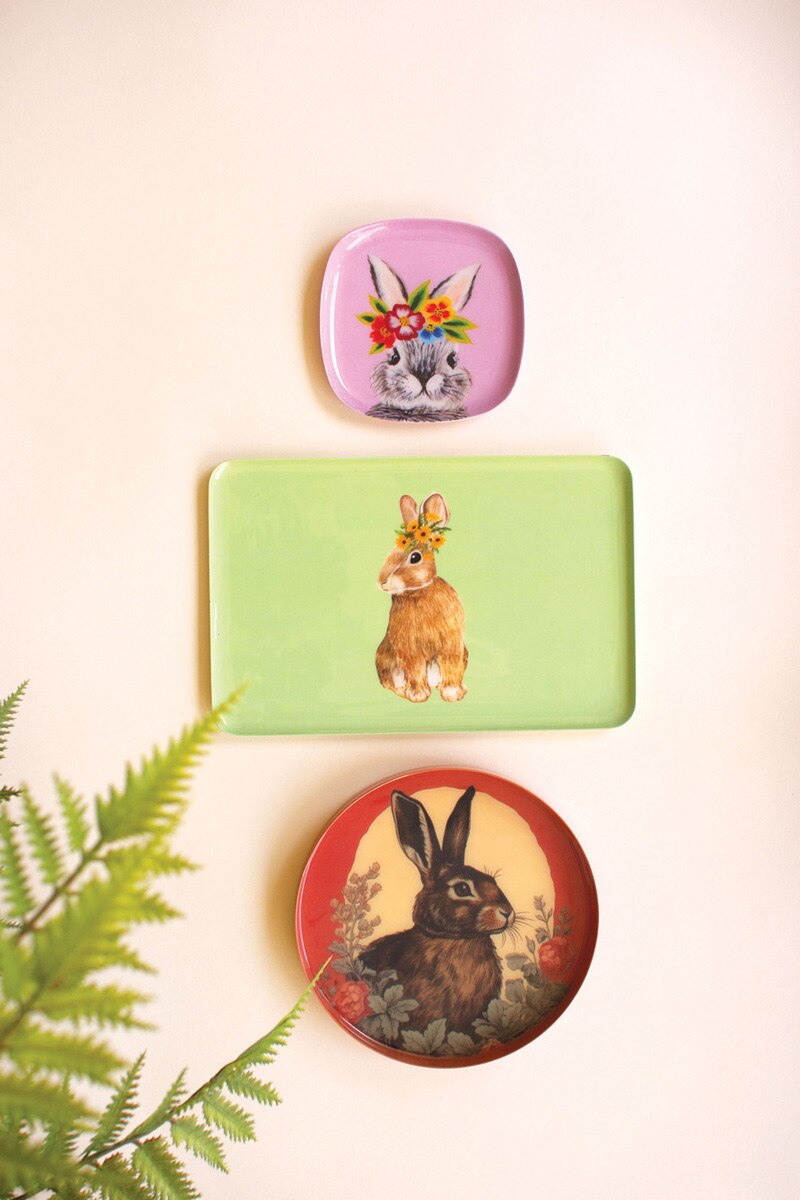 Set of 3 Printed Enamel Rabbit Trinket Trays