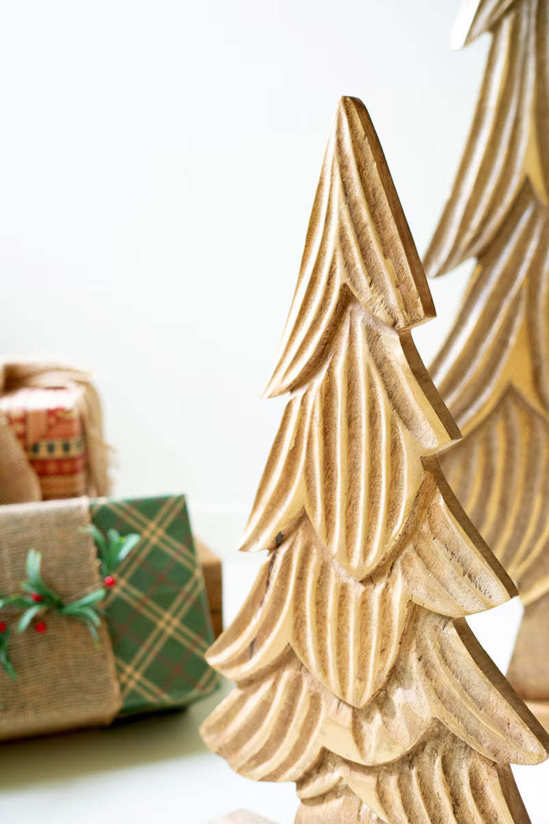SET OF THREE CARVED WOODEN CHRISTMAS TREES ON BASES