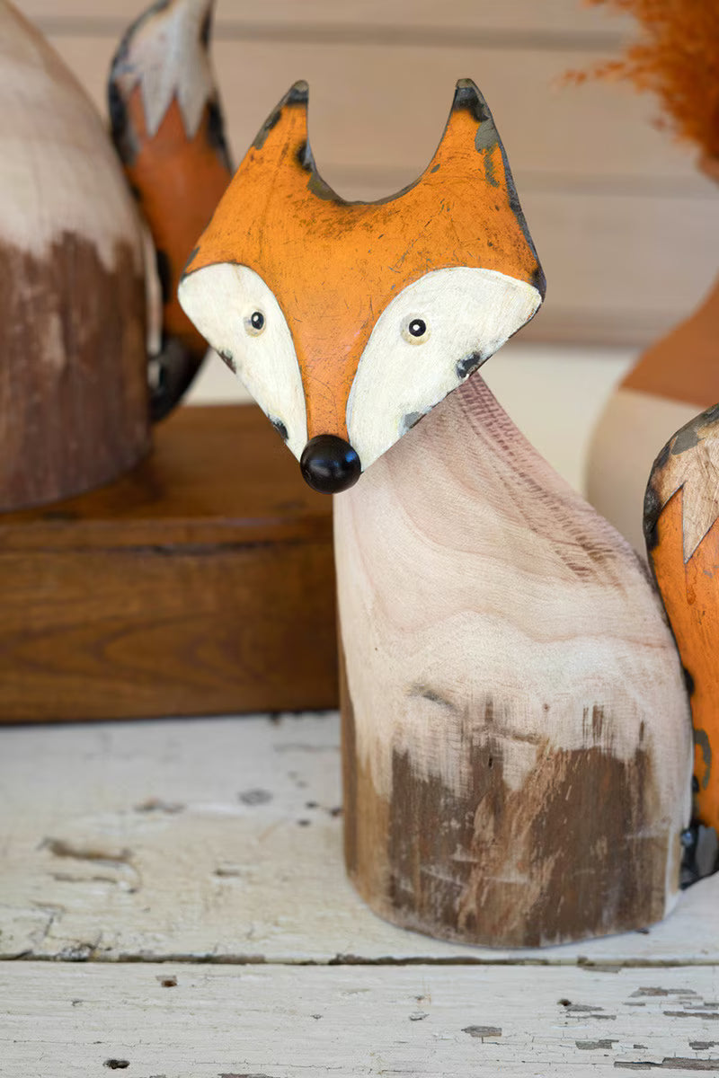 SET OF TWO RECYCLED WOOD AND IRON FOXES