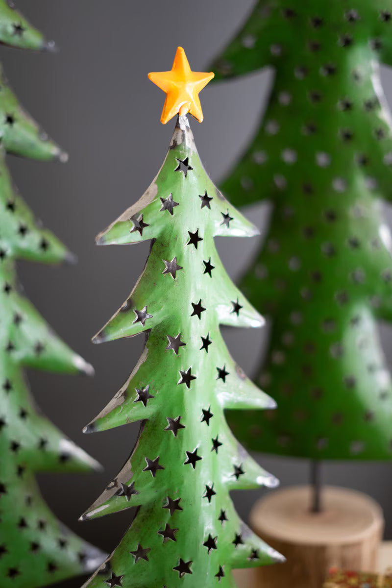 SET OF THREE RECYCLED METAL CHRISTMAS TREES ON WOOD BASES