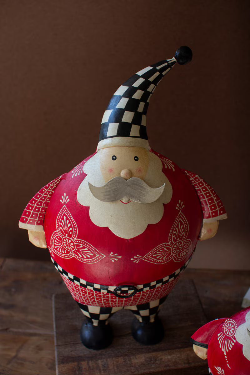 Set of 2 Painted Metal Santas with Checkered Detail
