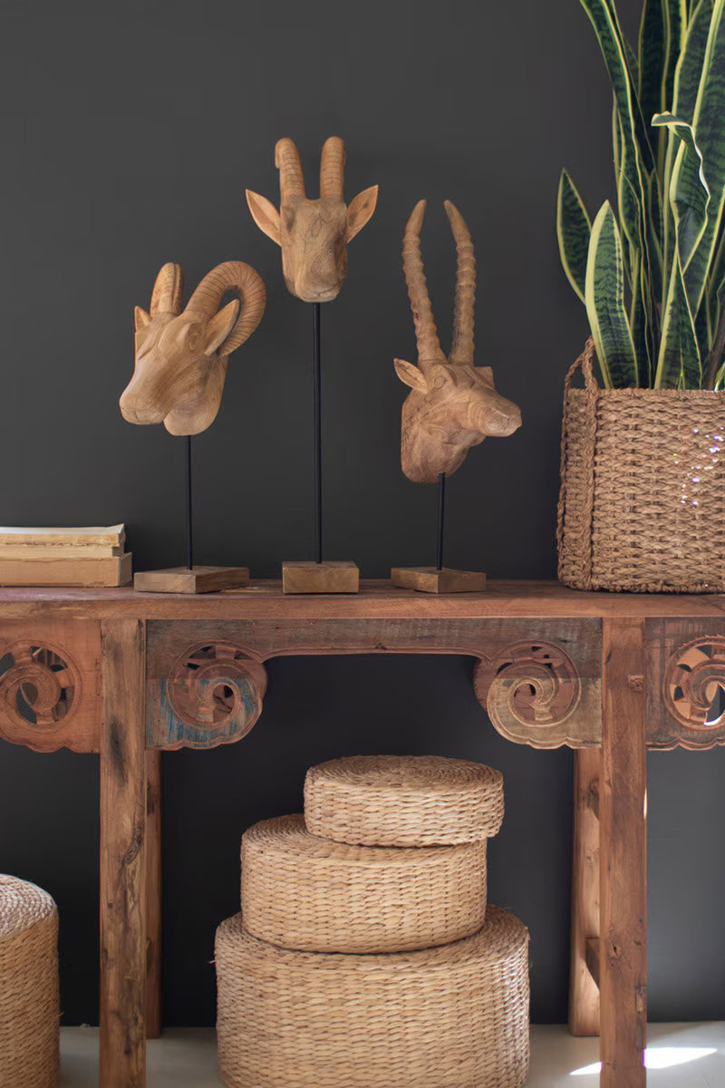 SET OF THREE CARVED MANGO WOOD AFRICAN ANIMAL HEADS
