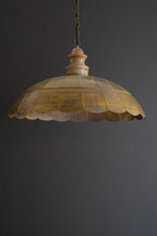 Wide Dome Antique Brass Pendant Light with Wood Detail