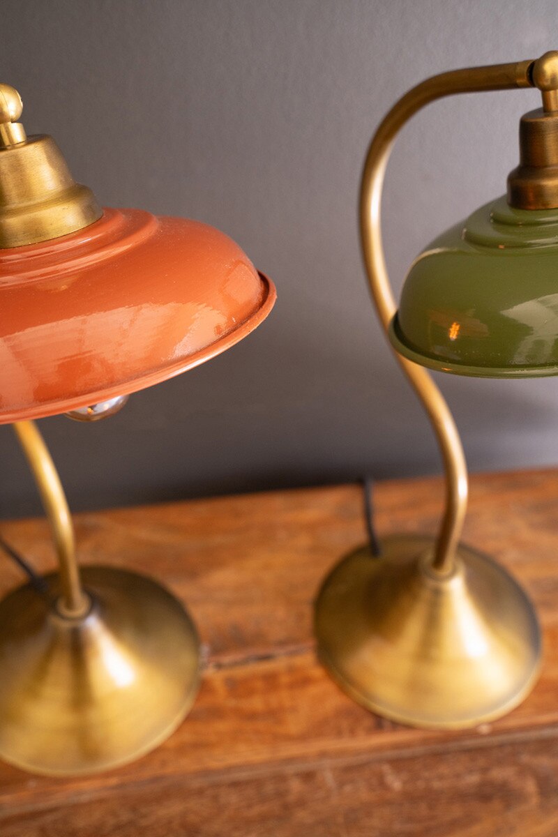 Antique Brass Table Lamp with Orange Enamel Shade
