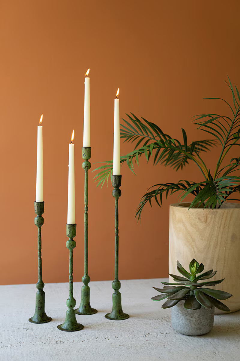 SET OF FOUR FORGED-IRON TAPER CANDLE HOLDERS - GREEN PATINA