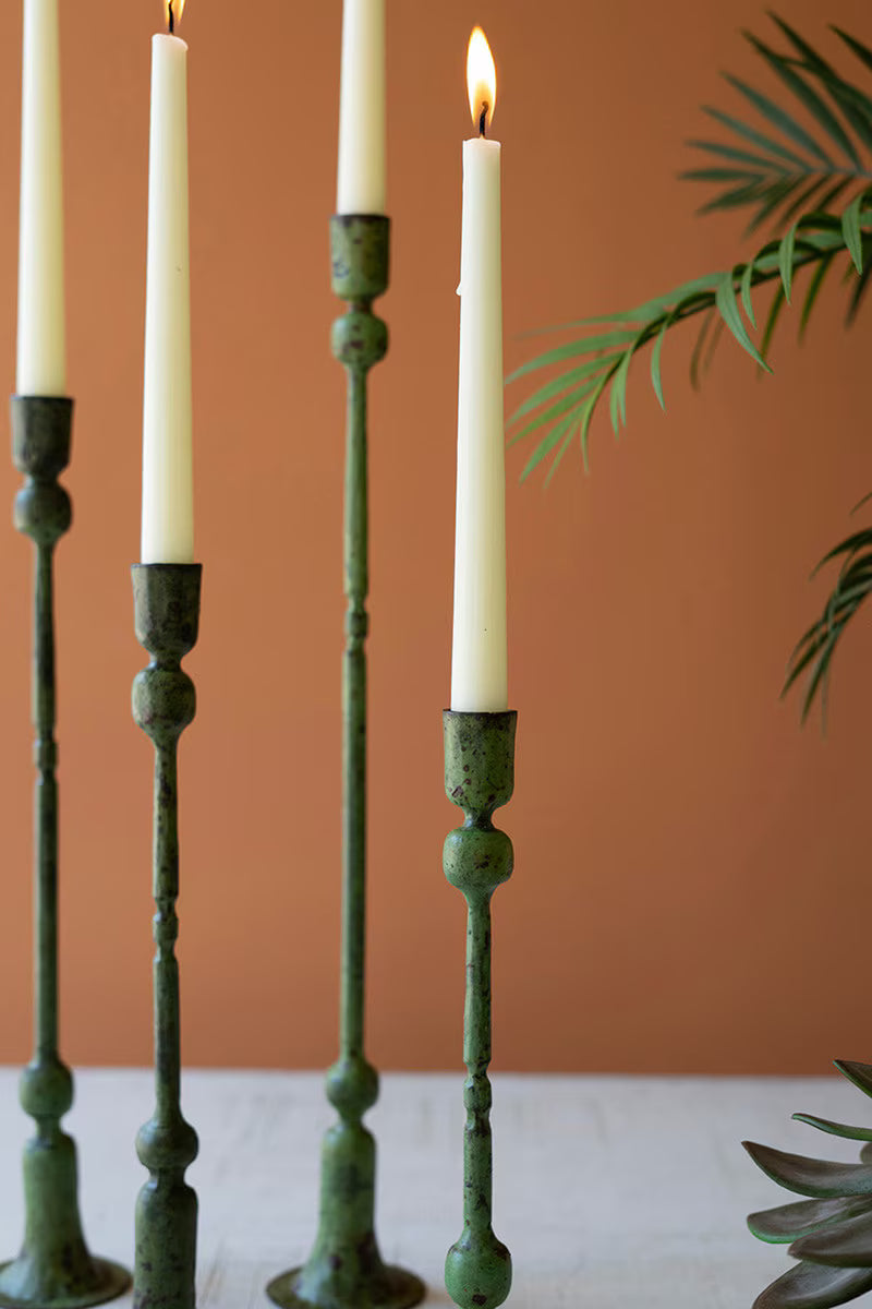 SET OF FOUR FORGED-IRON TAPER CANDLE HOLDERS - GREEN PATINA