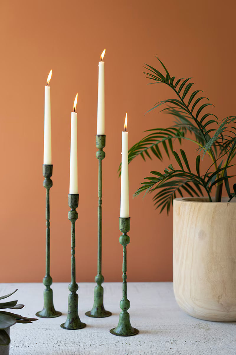 SET OF FOUR FORGED-IRON TAPER CANDLE HOLDERS - GREEN PATINA