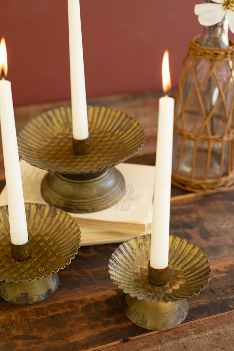 SET OF THREE TAPER CANDLE HOLDERS W FLUTED BASES -ANT GOLD