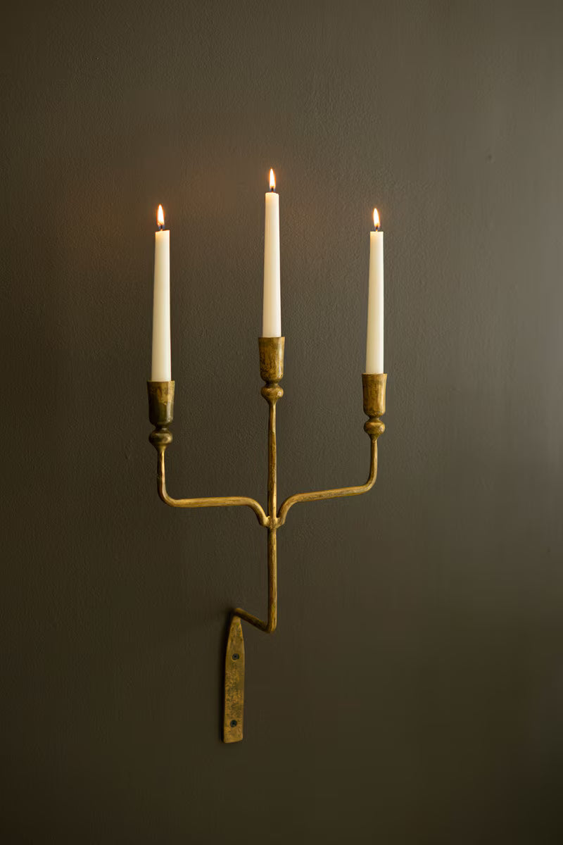 TRIPLE TAPER FORGED-IRON WALL SCONCE - ANTIQUE BRASS