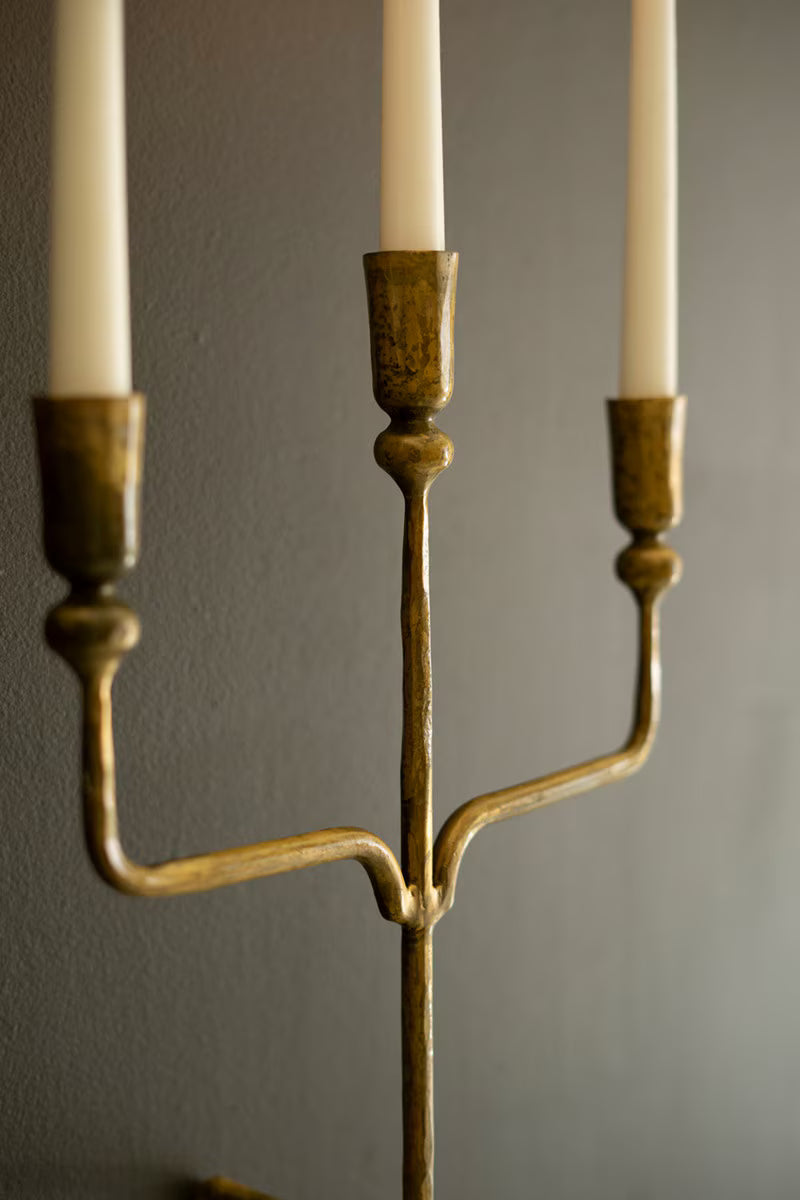 TRIPLE TAPER FORGED-IRON WALL SCONCE - ANTIQUE BRASS