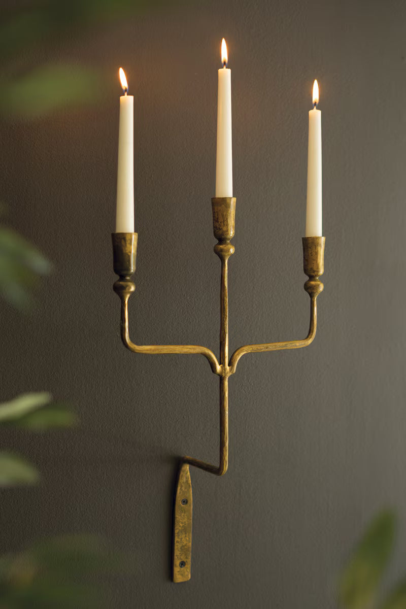 TRIPLE TAPER FORGED-IRON WALL SCONCE - ANTIQUE BRASS