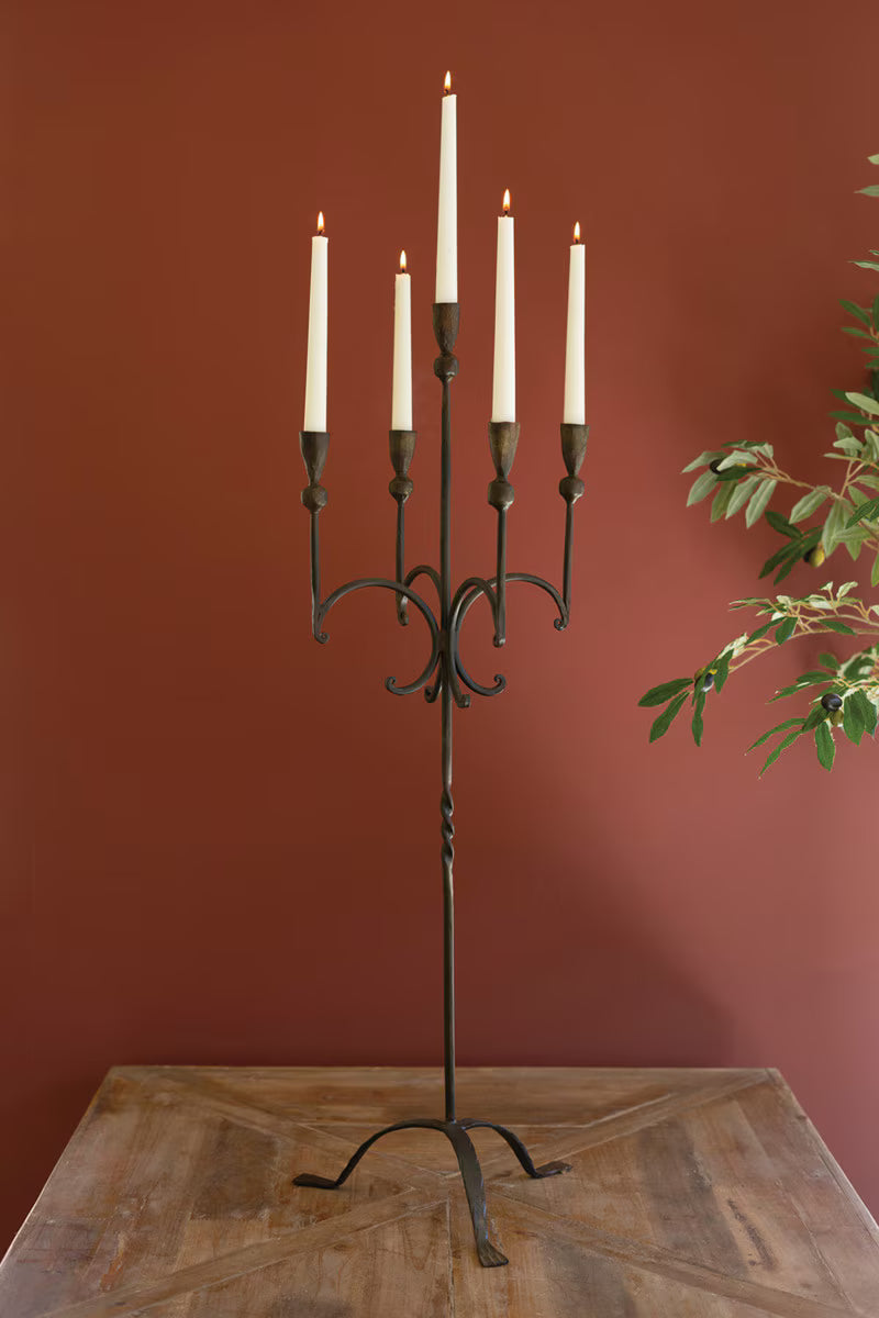 TALL RUSTIC FORGED-IRON FIVE TAPER CANDELABRA