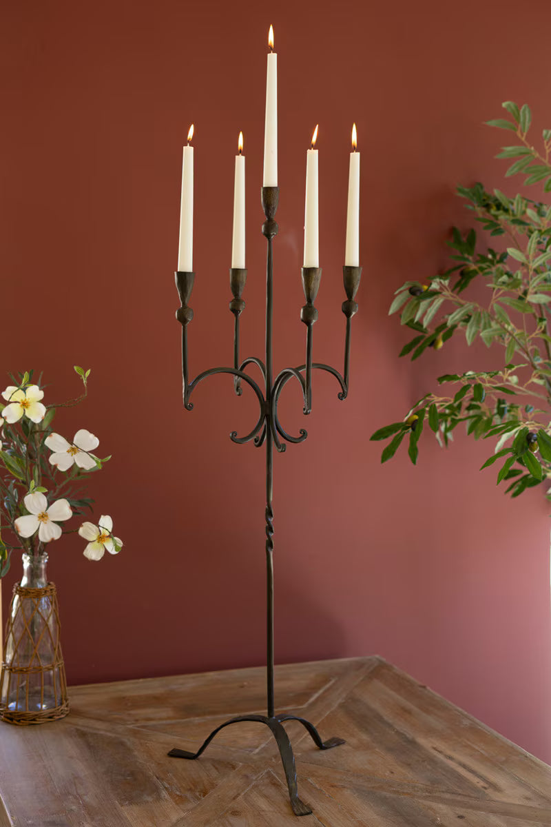 TALL RUSTIC FORGED-IRON FIVE TAPER CANDELABRA