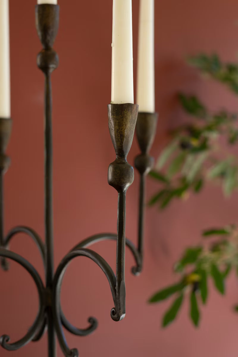 TALL RUSTIC FORGED-IRON FIVE TAPER CANDELABRA