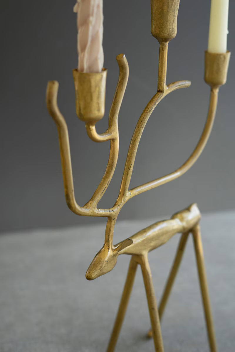 SET OF TWO ANTIQUE GOLD FORGED CHRISTMAS DEER CANDELABRAS