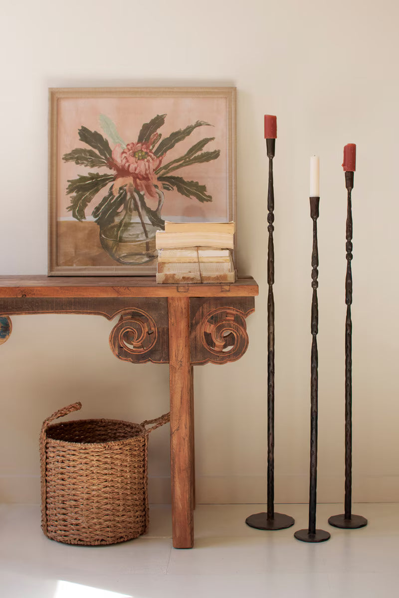 SET OF 3 TALL FORGED-IRON TAPER CANDLE HOLDERS - ANT BRASS