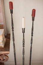 SET OF 3 TALL FORGED-IRON TAPER CANDLE HOLDERS - ANT BRASS