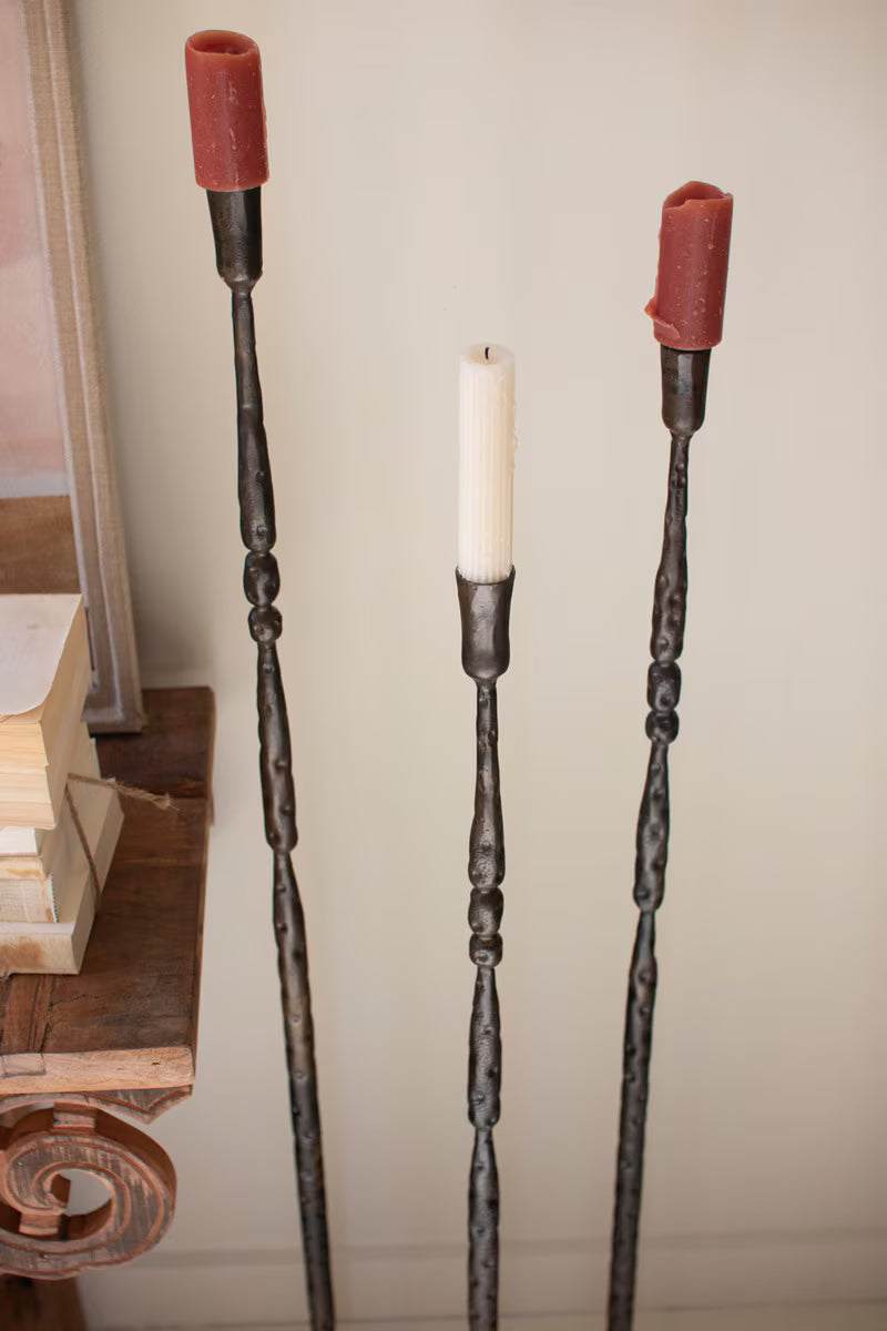 SET OF 3 TALL FORGED-IRON TAPER CANDLE HOLDERS - ANT BRASS