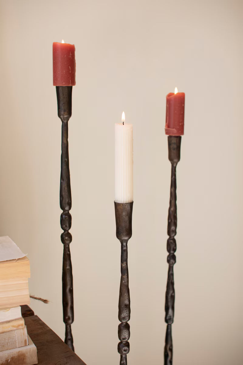 SET OF 3 TALL FORGED-IRON TAPER CANDLE HOLDERS - ANT BRASS