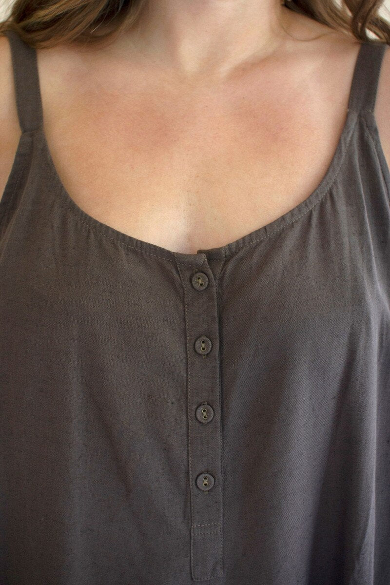 Adjustable Strap Flowy Jumper with Button Detail / Oregano