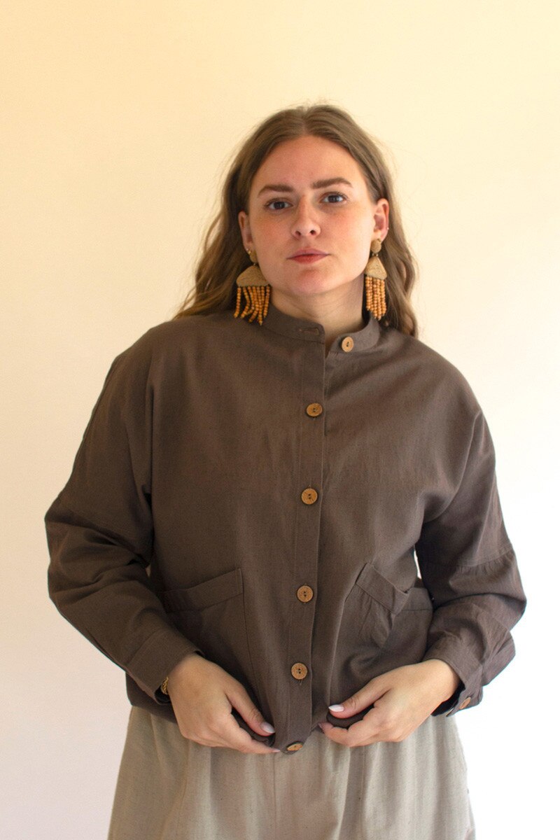 Lightweight Button-Front Bomber Jacket with Front Pockets / Oregano