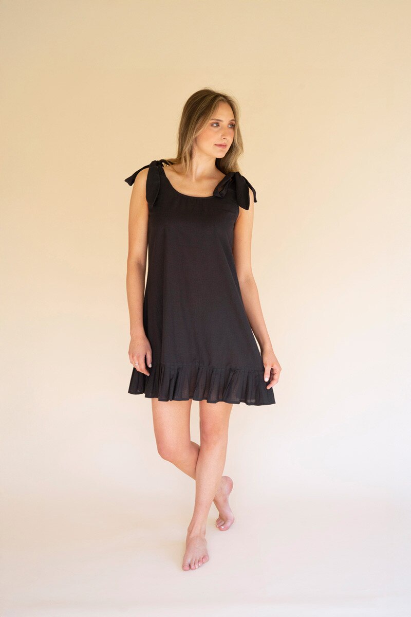 Tie-Shoulder Dress with Pleated Hem / Midnight