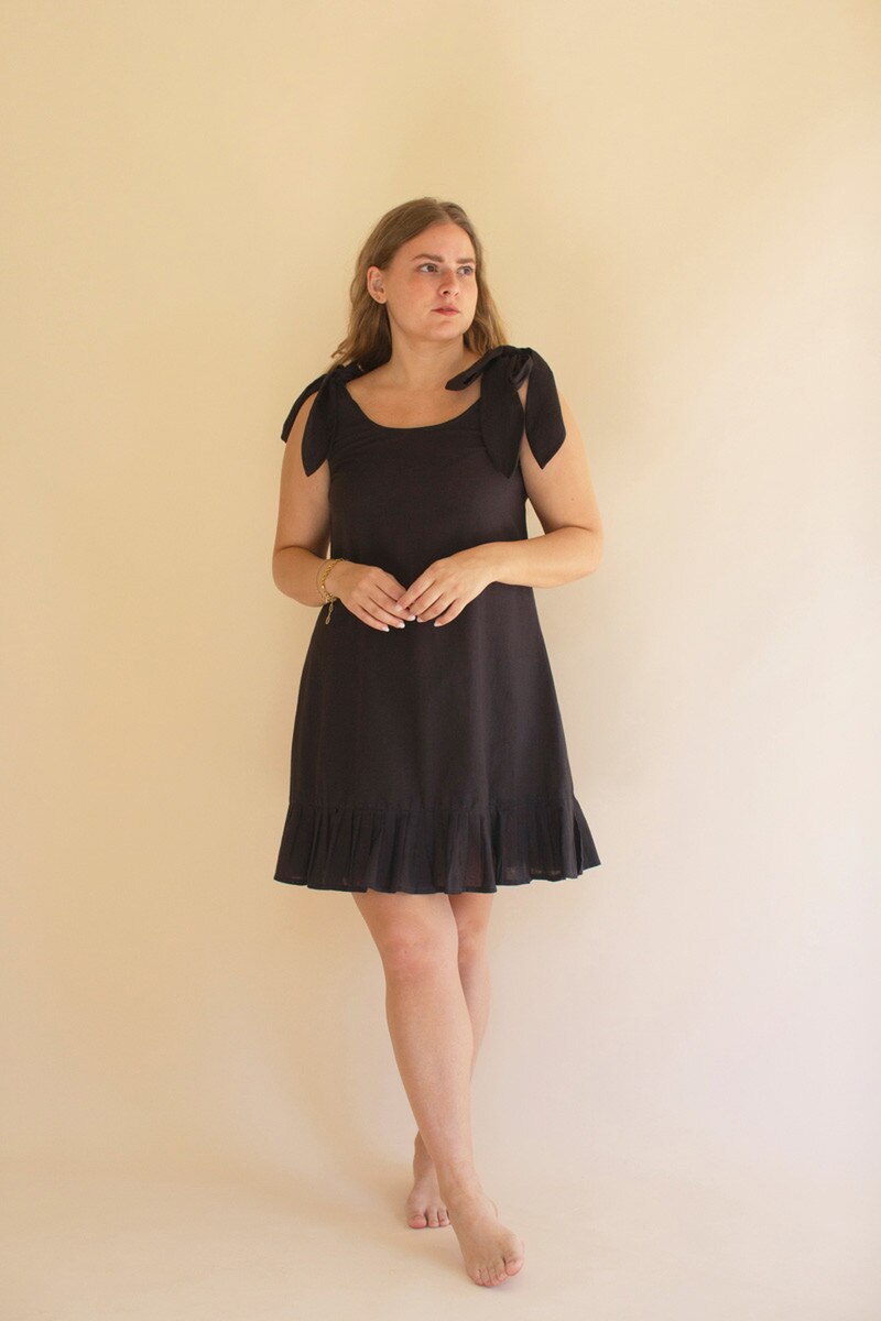 Tie-Shoulder Dress with Pleated Hem / Midnight