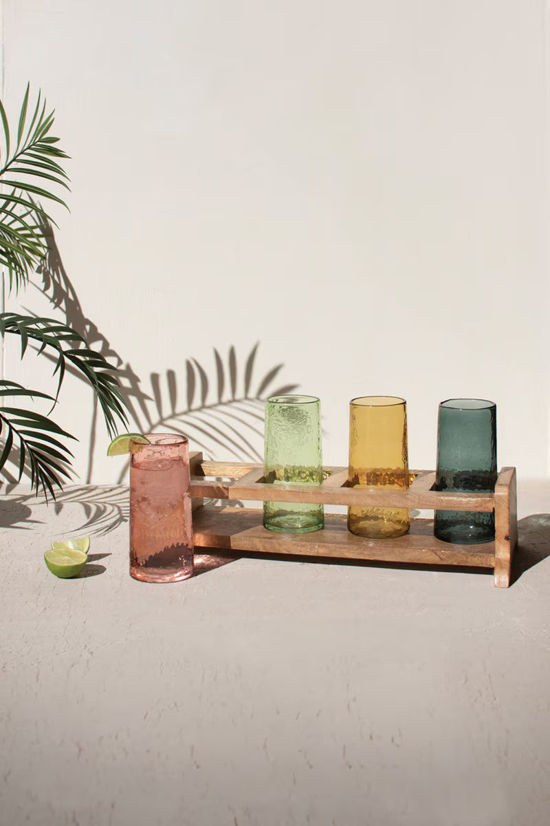 Four Cocktail Glasses with Wooden Tray
