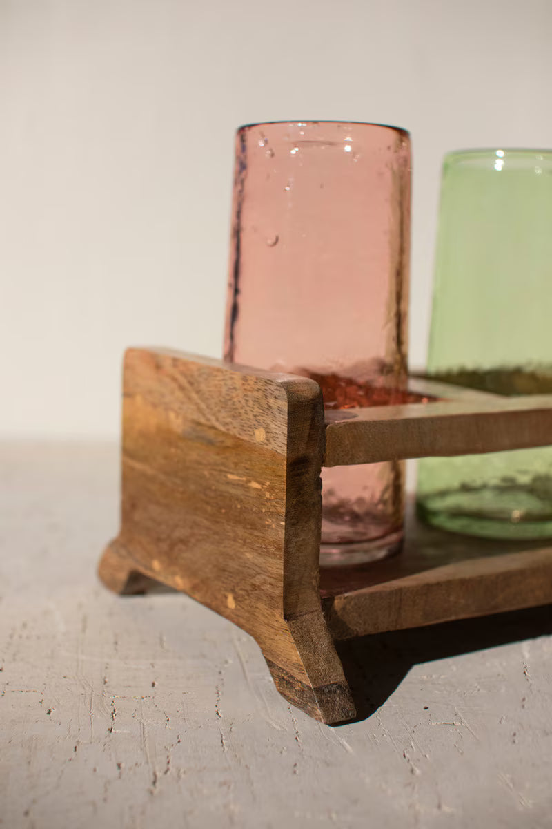 Four Cocktail Glasses with Wooden Tray