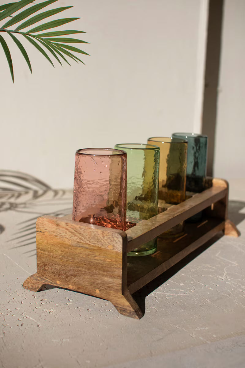 Four Cocktail Glasses with Wooden Tray
