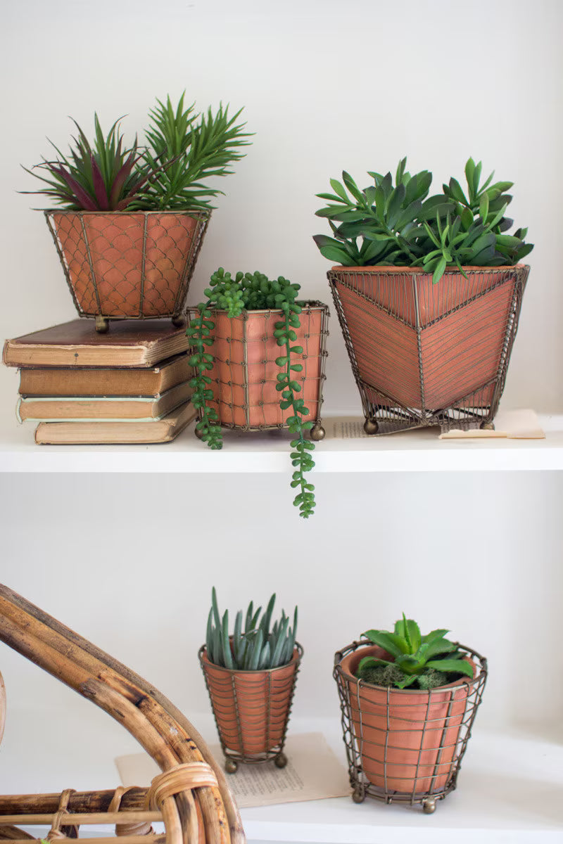 SET OF FIVE TERRACOTTA PLANTERS W WIRE WRAP BRASS DETAIL
