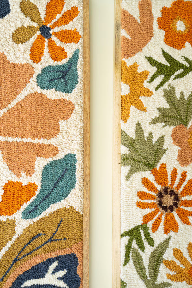 SET OF TWO WOOD FRAMED HAND HOOKED WALL ART - FLORALS