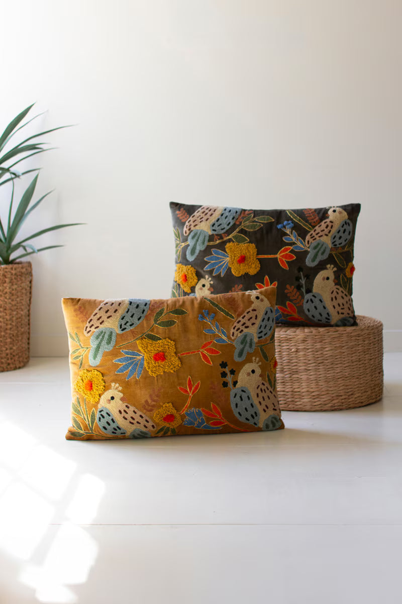 SET OF TWO EMBROIDERY PILLOWS WITH BIRDS - ONE EACH COLOR