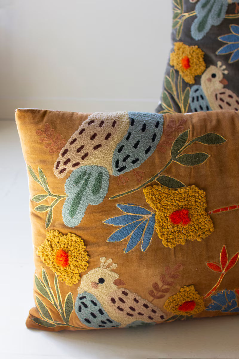 SET OF TWO EMBROIDERY PILLOWS WITH BIRDS - ONE EACH COLOR