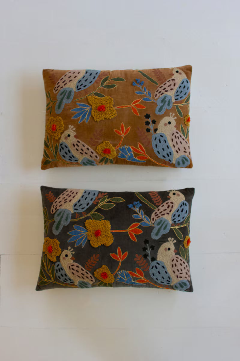 SET OF TWO EMBROIDERY PILLOWS WITH BIRDS - ONE EACH COLOR