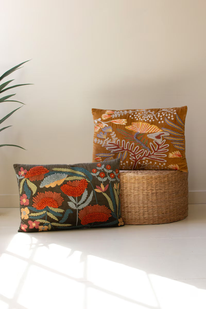 SET OF TWO EMBROIDERY PILLOWS WITH FLOWERS - ONE EACH COLOR