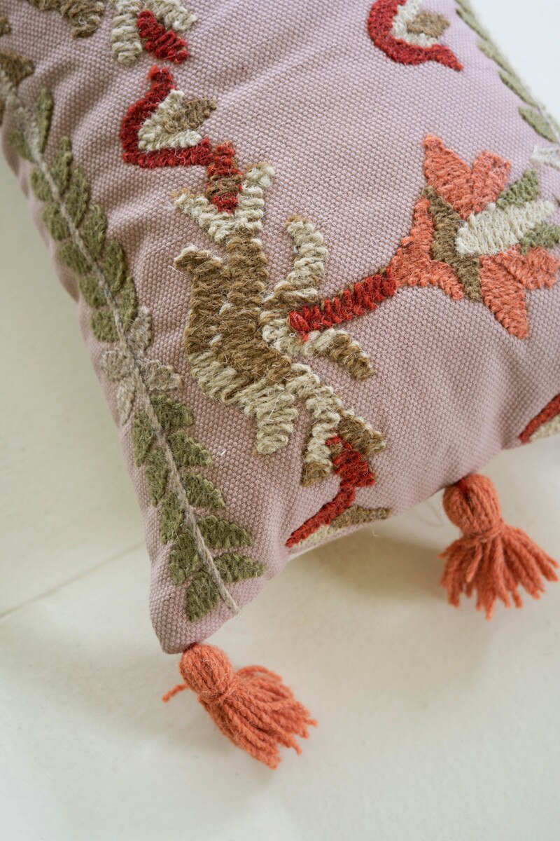 Coral Embroidered Lumbar Pillow with Tassels