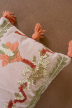 Coral Embroidered Lumbar Pillow with Tassels
