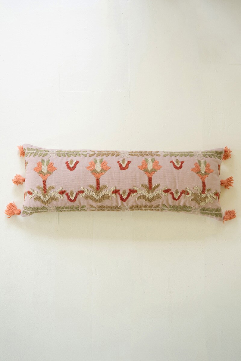 Coral Embroidered Lumbar Pillow with Tassels