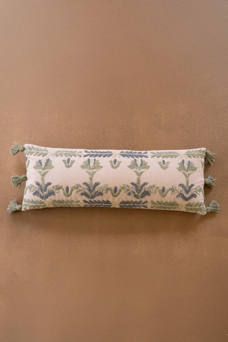 Blue Embroidered Lumbar Pillow with Tassels