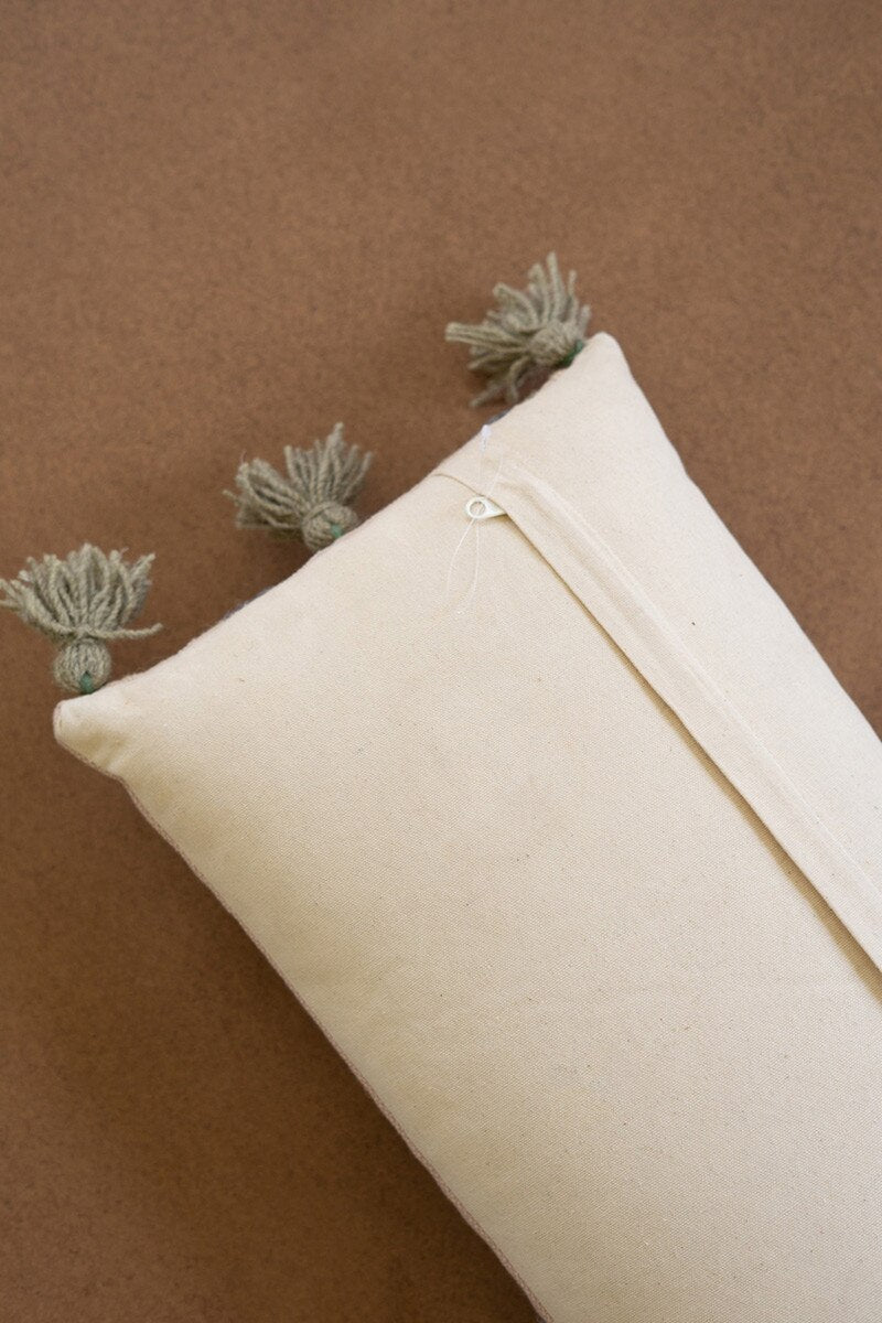 Blue Embroidered Lumbar Pillow with Tassels