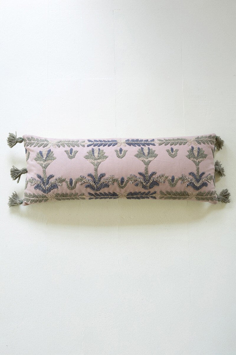 Blue Embroidered Lumbar Pillow with Tassels