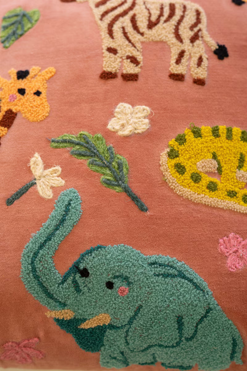 Embroidered Velvet Pillow with Animals