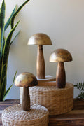Set of 3 Antique Brass Mushrooms with Wooden Bases