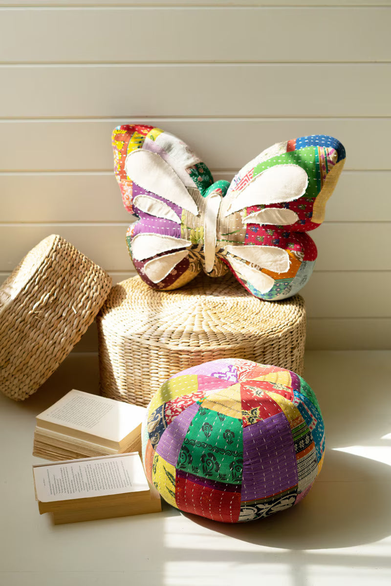 Butterfly Kantha Throw Pillow