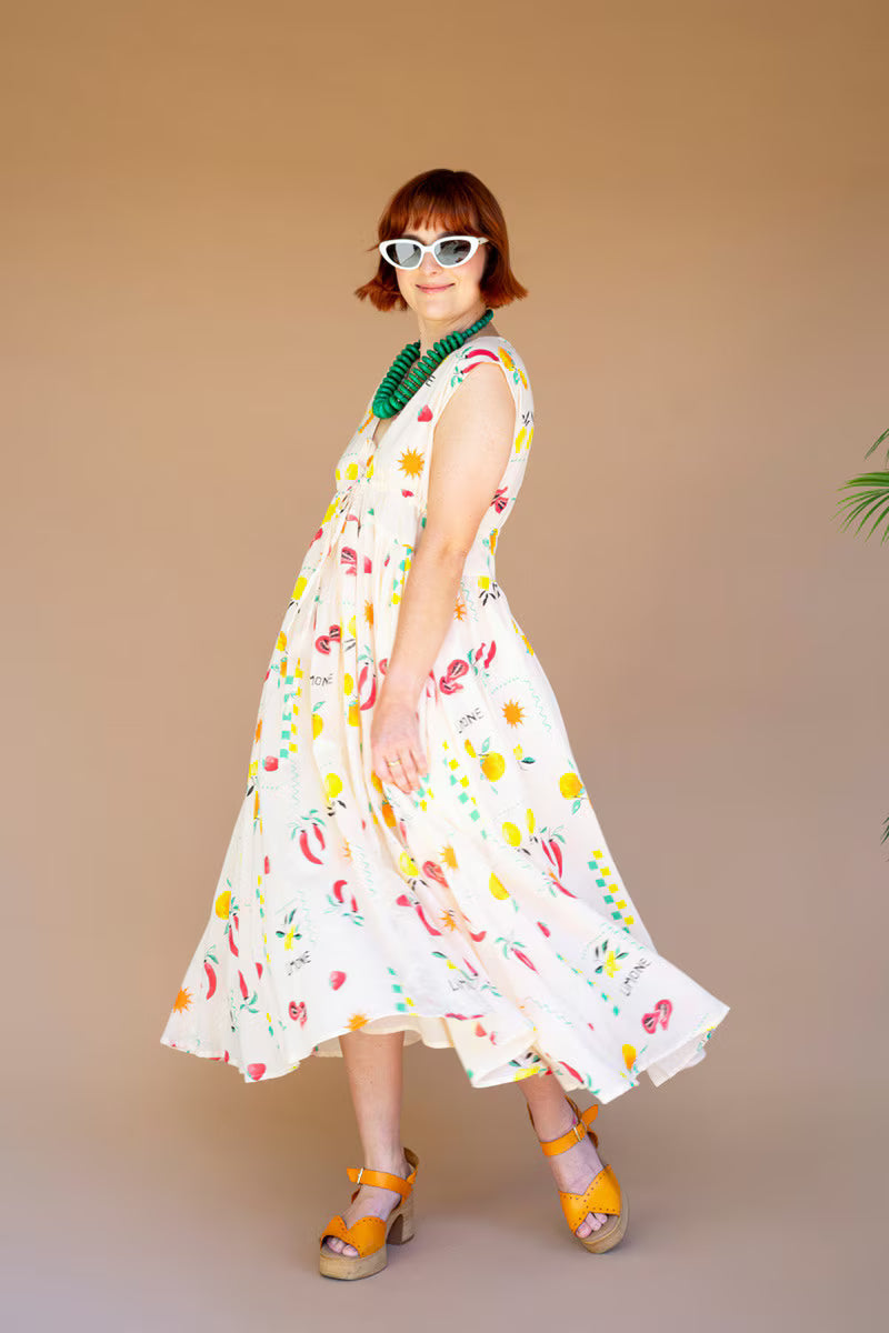 Limone Print Dress with Tie in Front