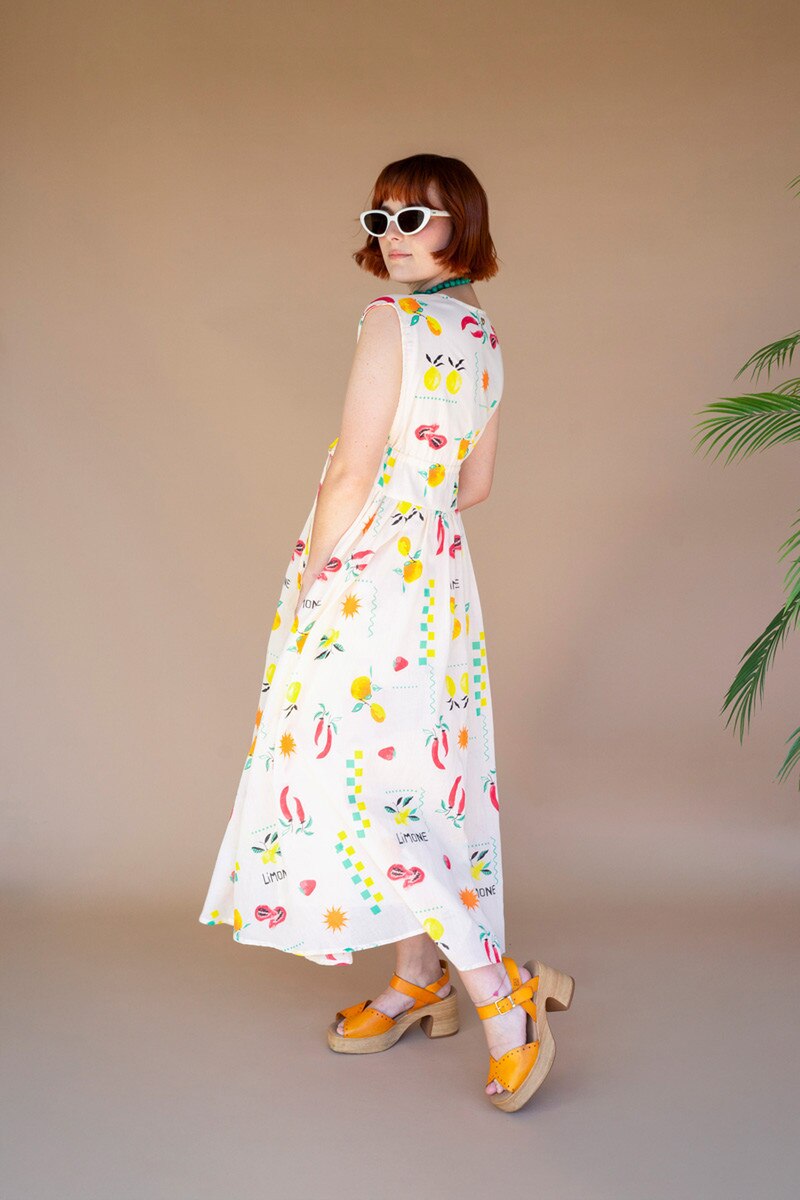 Limone Print Dress with Tie in Front