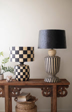 Black and White Checkered Paper Mache Lamp with Shade