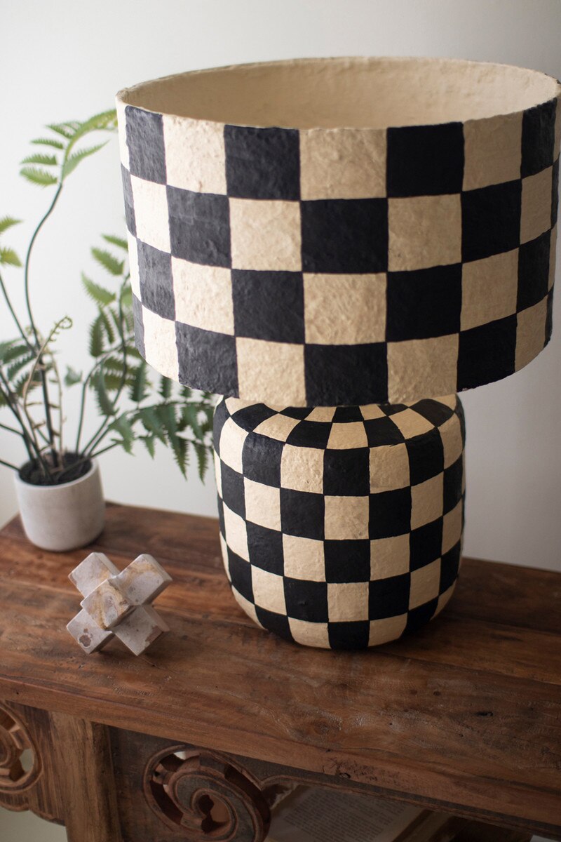 Black and White Checkered Paper Mache Lamp with Shade