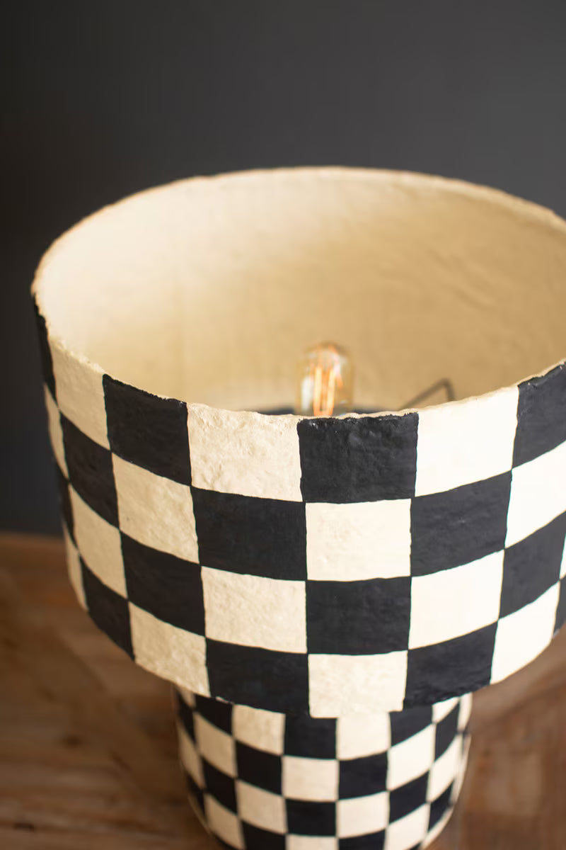 Black and White Checkered Paper Mache Lamp with Shade